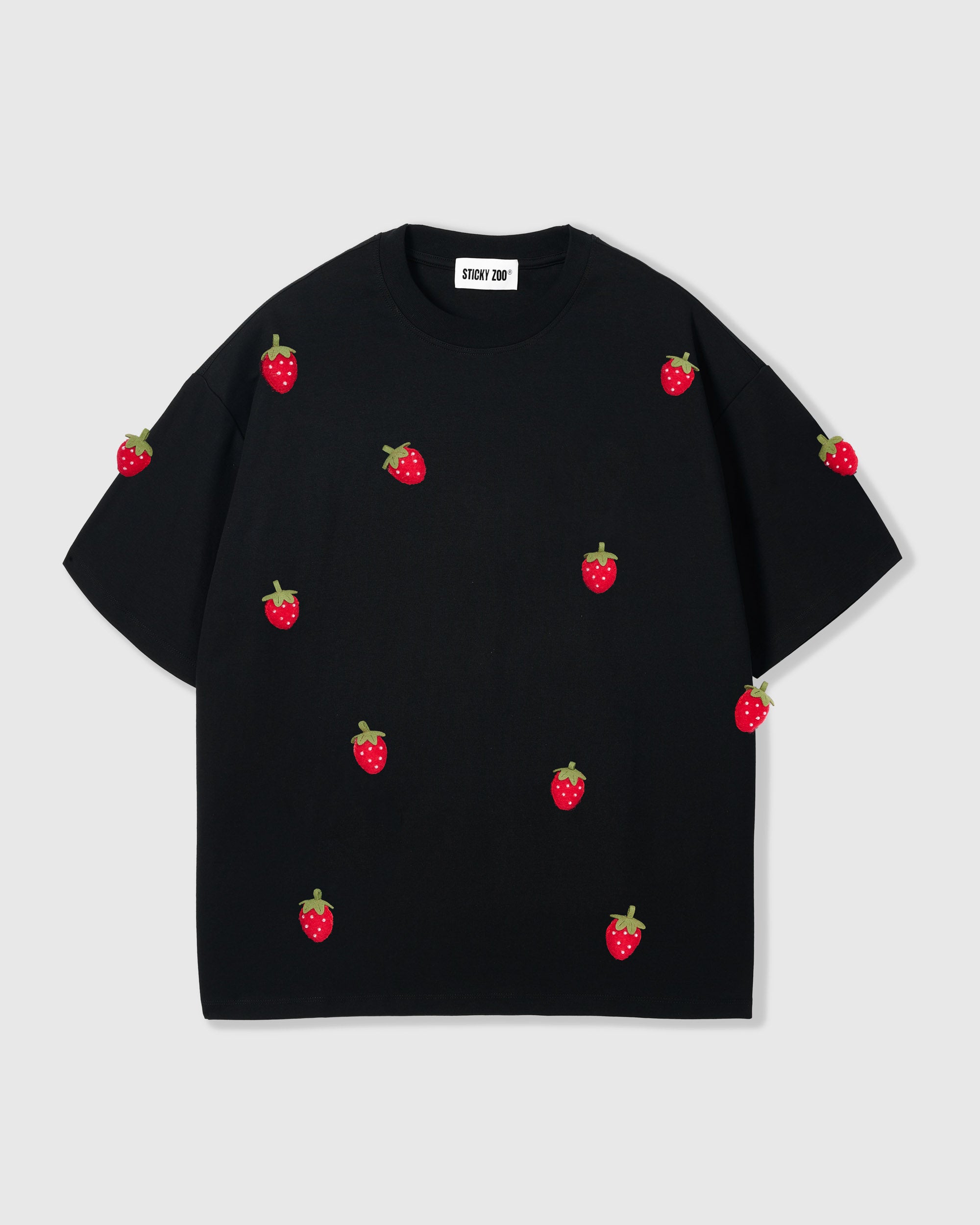 Handmade Plush Strawberry Tee · 230gsm Cotton, Black – STICKYZOO®