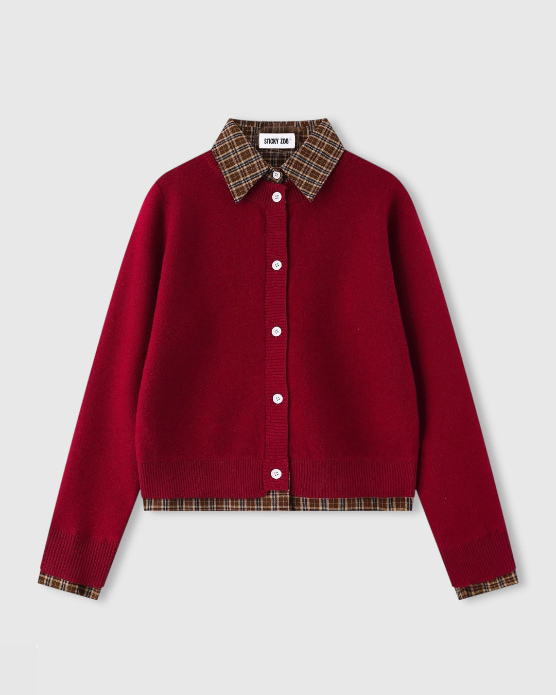 Sticky Zoo® – Mila Holiday Cardigan – Plaid Collar Knit with Layered Contrast Trim