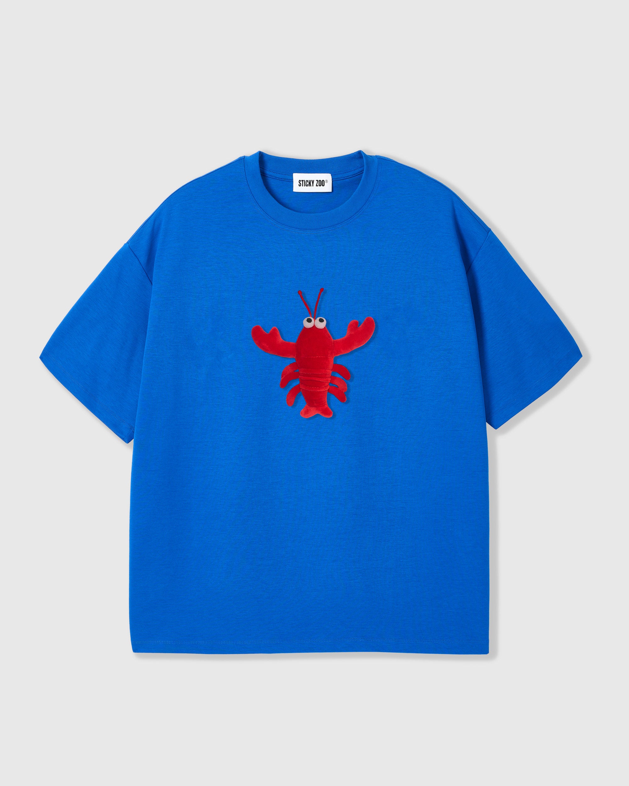 青いTシャツ Mサイズ 81.3 GO! GO! NIPPON!! ぬいぐるみエビTシャツ · 230gsm 手作り、オーバーサイズブルー