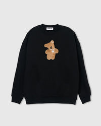STICKYZOO TEDDY BEAR SWEATSHIRT in Black featuring one hand-stitched plush teddy bear appliqué, designed in Amsterdam