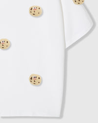 Detail of body and sleeve on STICKYZOO white Cookie T-Shirt showing plush cookies and premium cotton weight