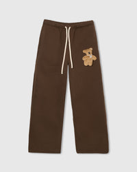 STICKYZOO TEDDY BEAR SWEATPANT in Brown featuring one hand-stitched plush teddy bear appliqué, designed in Amsterdam