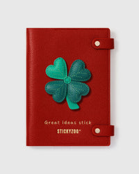 STICKYZOO Lucky Clover Notebook with hand-cut French Alran leather charm on red genuine goatskin cover, gold snap closure