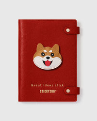 STICKYZOO Shiba Inu Face Notebook with hand-cut French Alran leather charm on red genuine goatskin cover, gold snap closure