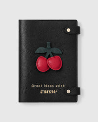 STICKYZOO Cherry Notebook with hand-cut French Alran leather charm on black genuine goatskin cover, gold snap closure