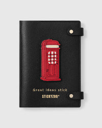 STICKYZOO London Phone Booth Notebook with hand-cut French Alran leather charm on black genuine goatskin cover, gold snap closure