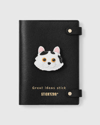 STICKYZOO Dragon Li Cat Notebook with hand-cut French Alran leather charm on black genuine goatskin cover, gold snap closure