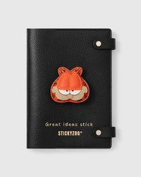 STICKYZOO Garfield Notebook with hand-cut French Alran leather charm on black genuine goatskin cover, gold snap closure