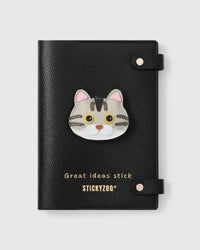 STICKYZOO British Shorthair Cat Notebook with hand-cut French Alran leather charm on black genuine goatskin cover, gold snap closure