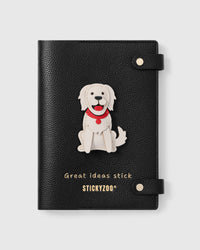 STICKYZOO Golden Retriever Notebook with hand-cut French Alran leather charm on black genuine goatskin cover, gold snap closure