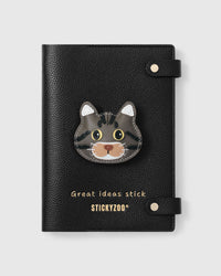 STICKYZOO American Shorthair Cat Notebook with hand-cut French Alran leather charm on black genuine goatskin cover, gold snap closure