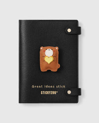 STICKYZOO Teddy Bear Notebook with hand-cut French Alran leather charm on black genuine goatskin cover, gold snap closure