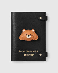STICKYZOO Bear Croissant Notebook with hand-cut French Alran leather charm on black genuine goatskin cover, gold snap closure