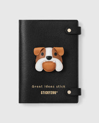 STICKYZOO Bulldog Notebook with hand-cut French Alran leather charm on black genuine goatskin cover, gold snap closure