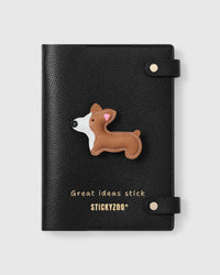 STICKYZOO Pembroke Welsh Corgi Notebook with hand-cut French Alran leather charm on black genuine goatskin cover, gold snap closure