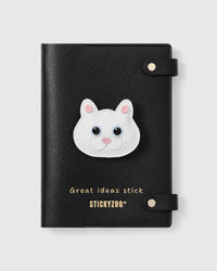 STICKYZOO British Shorthair Cat Notebook with hand-cut French Alran leather charm on black genuine goatskin cover, gold snap closure