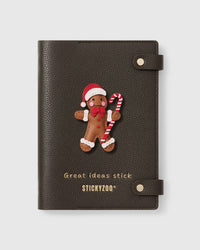STICKYZOO Gingerbread Joy Notebook with hand-cut French Alran leather charm on dark brown genuine goatskin cover, gold snap closure