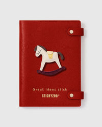 STICKYZOO Rocking Horse Notebook with hand-cut French Alran leather charm on red genuine goatskin cover, gold snap closure