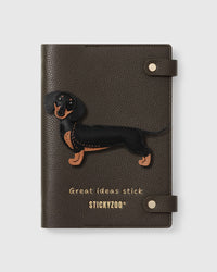 STICKYZOO Long Dash Dachshund Notebook with hand-cut French Alran leather charm on dark brown genuine goatskin cover, gold snap closure