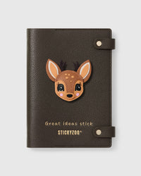 STICKYZOO Christmas Deer Notebook with hand-cut French Alran leather charm on dark brown genuine goatskin cover, gold snap closure