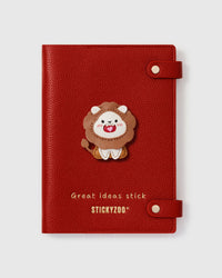 STICKYZOO Lowen Amulett Notebook with hand-cut French Alran leather charm on red genuine goatskin cover, gold snap closure