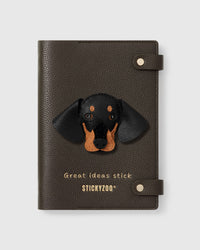 STICKYZOO Dash Dachshund Face Notebook with hand-cut French Alran leather charm on dark brown genuine goatskin cover, gold snap closure