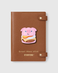 STICKYZOO Pork Fillet Cheeseburger Notebook with hand-layered French Alran leather charm on camel genuine goatskin cover, gold snap closure