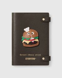 STICKYZOO Burger Notebook with hand-cut French Alran leather charm on dark brown genuine goatskin cover, gold snap closure