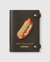 STICKYZOO Hotdog Notebook with hand-cut French Alran leather charm on dark brown genuine goatskin cover, gold snap closure