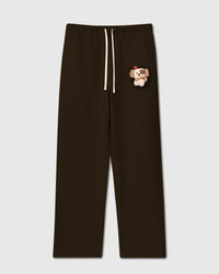 STICKYZOO CARDINAL PUPPY SWEATPANT in Brown featuring one hand-stitched plush puppy appliqué, designed in Amsterdam