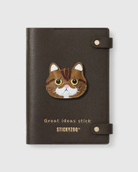 STICKYZOO Exotic Shorthair Cat Notebook with hand-cut French Alran leather charm on dark brown genuine goatskin cover, gold snap closure