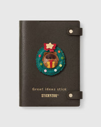 STICKYZOO Holiday Beaver Notebook with hand-cut French Alran leather charm on dark brown genuine goatskin cover, gold snap closure
