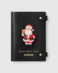 STICKYZOO Santa Notebook with hand-cut French Alran leather charm on black genuine goatskin cover, gold snap closure