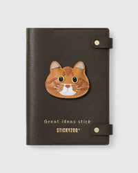STICKYZOO British Shorthair Cat Notebook with hand-cut French Alran leather charm on dark brown genuine goatskin cover, gold snap closure
