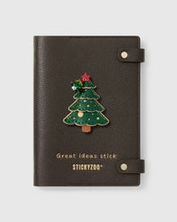 STICKYZOO Christmas Tree Notebook with hand-cut French Alran leather charm on dark brown genuine goatskin cover, gold snap closure