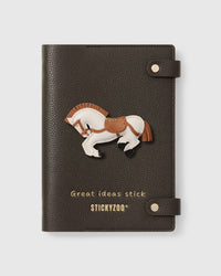 STICKYZOO Maison Horse Notebook with hand-cut French Alran leather charm on dark brown genuine goatskin cover, gold snap closure
