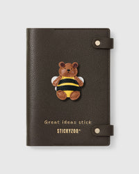 STICKYZOO Honeybuzz Bear Notebook with hand-cut French Alran leather charm on dark brown genuine goatskin cover, gold snap closure