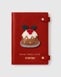 STICKYZOO Felt Pudding Notebook with hand-cut French Alran leather charm on red genuine goatskin cover, gold snap closure