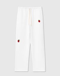 STICKYZOO Strawberry Sweatpant in white with two hand-stitched 3D plush strawberry appliques and cream drawstring