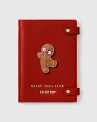 STICKYZOO Gingerbread Doll Notebook with hand-cut French Alran leather charm on red genuine goatskin cover, gold snap closure
