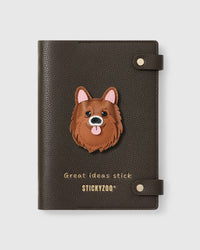 STICKYZOO Pomeranian Notebook with hand-cut French Alran leather charm on dark brown genuine goatskin cover, gold snap closure