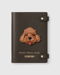 STICKYZOO Poodle Notebook with hand-cut French Alran leather charm on dark brown genuine goatskin cover, gold snap closure