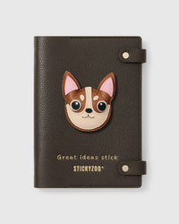 STICKYZOO Chihuahua Notebook with hand-cut French Alran leather charm on dark brown genuine goatskin cover, gold snap closure