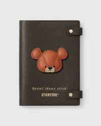 STICKYZOO Bear Notebook with hand-cut French Alran leather charm on dark brown genuine goatskin cover, gold snap closure