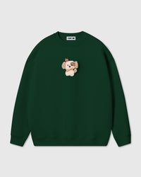 STICKYZOO CARDINAL PUPPY SWEATSHIRT in Green featuring one hand-stitched plush puppy appliqué, designed in Amsterdam