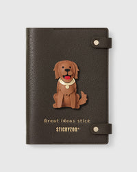 STICKYZOO Golden Retriever Notebook with hand-cut French Alran leather charm on dark brown genuine goatskin cover, gold snap closure