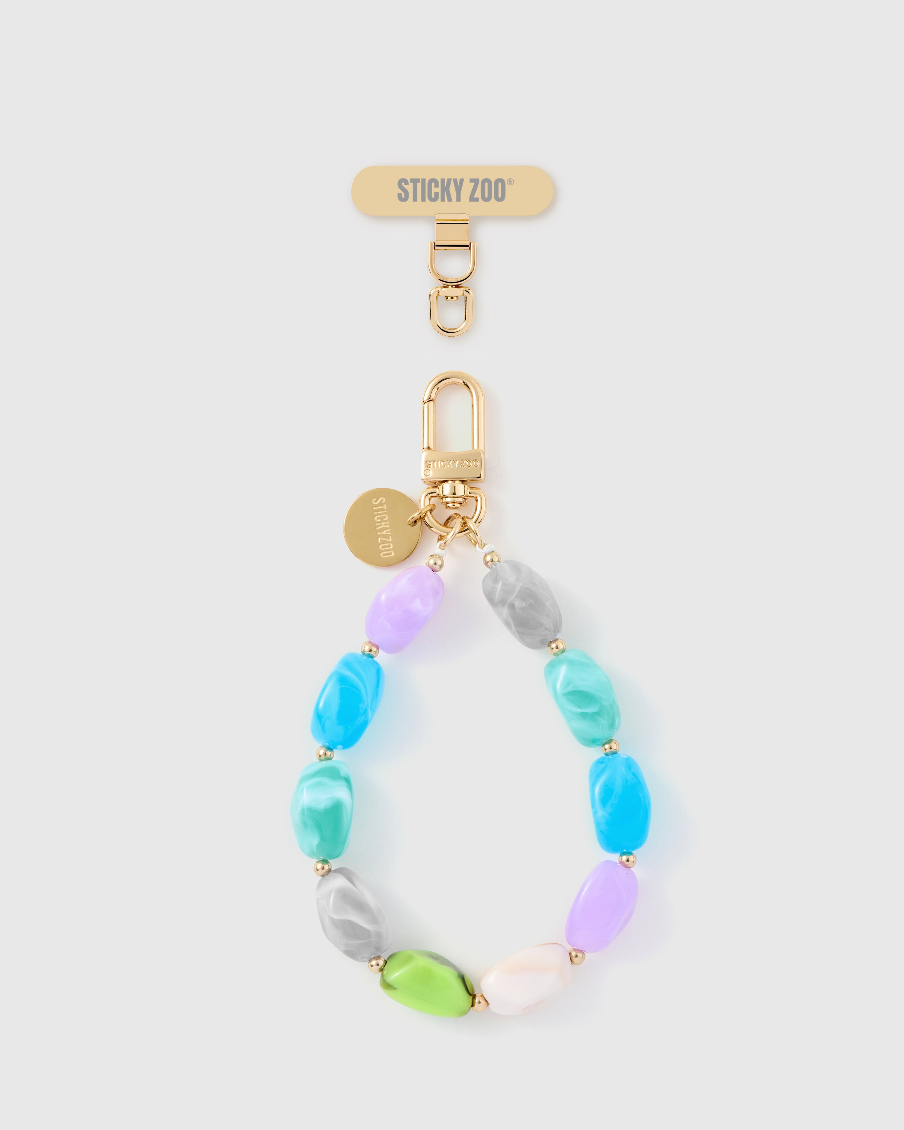 STICKYZOO pastel marble mix phone strap, chunky marble-swirl beads in lilac, aqua and green with gold-tone hardware