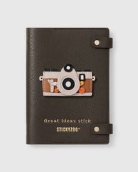 STICKYZOO Camera Notebook with hand-cut French Alran leather charm on dark brown genuine goatskin cover, gold snap closure