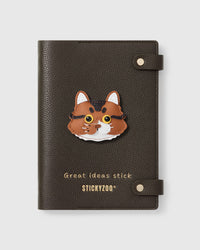 STICKYZOO Long-Hair Tabby Cat Notebook with hand-cut French Alran leather charm on dark brown genuine goatskin cover, gold snap closure