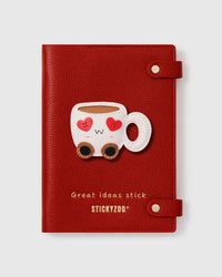 STICKYZOO Heart-Eyes Coffee Cup Notebook with hand-cut French Alran leather charm on red genuine goatskin cover, gold snap closure